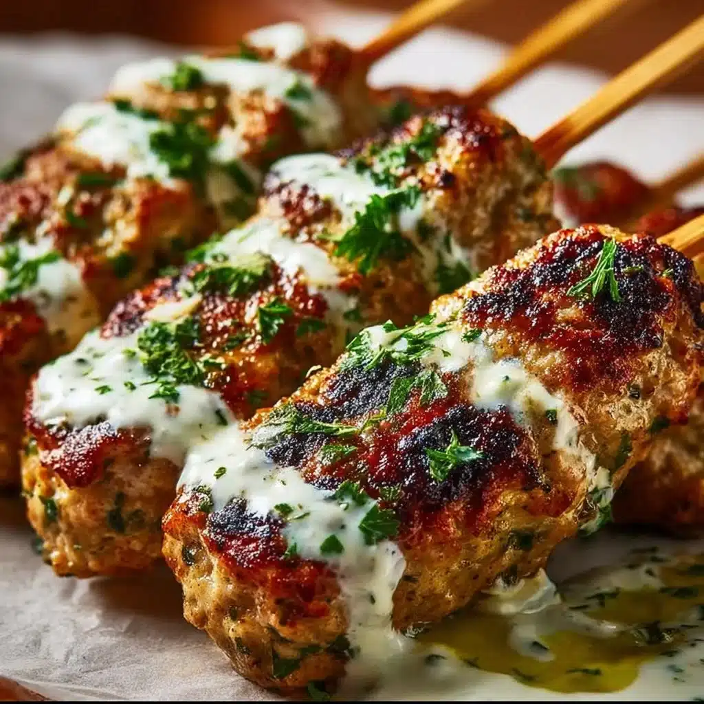 Juicy Chicken Koftas served with creamy garlic yogurt sauce on a plate
