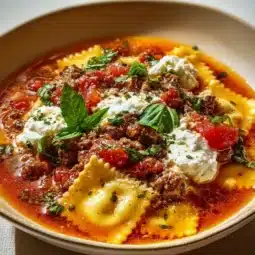Delicious bowl of homemade Lasagna Soup topped with cheese and herbs