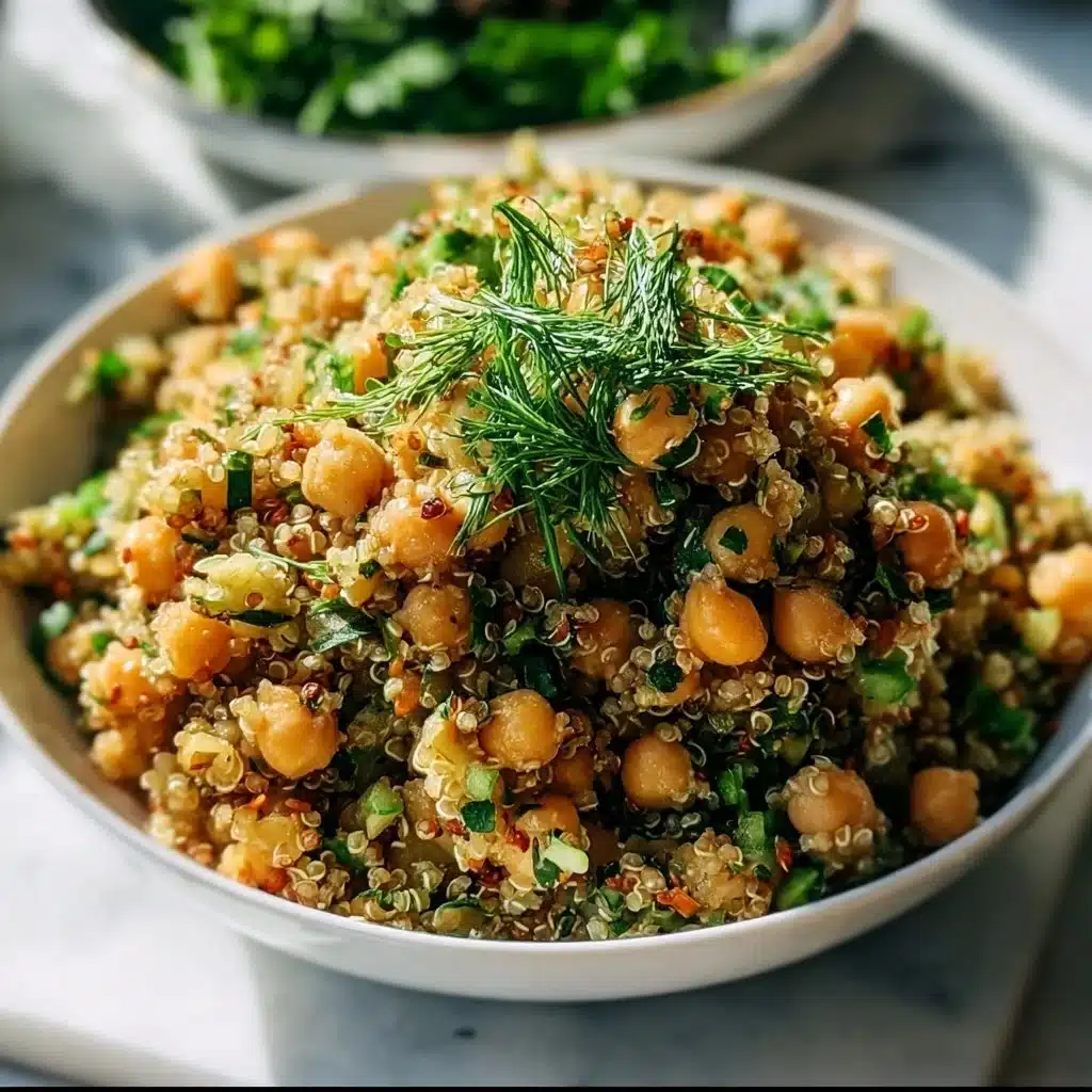 Lemon herb quinoa dish with chickpeas served on a rustic plate