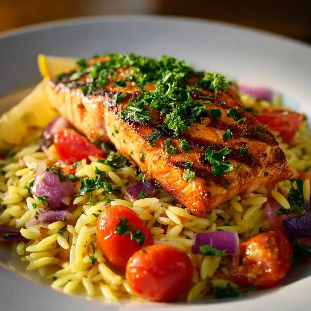 Plate of lemon orzo with salmon garnished with herbs