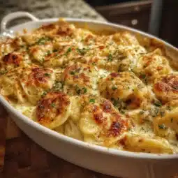Lightened up pierogi casserole topped with crispy onions and cheese