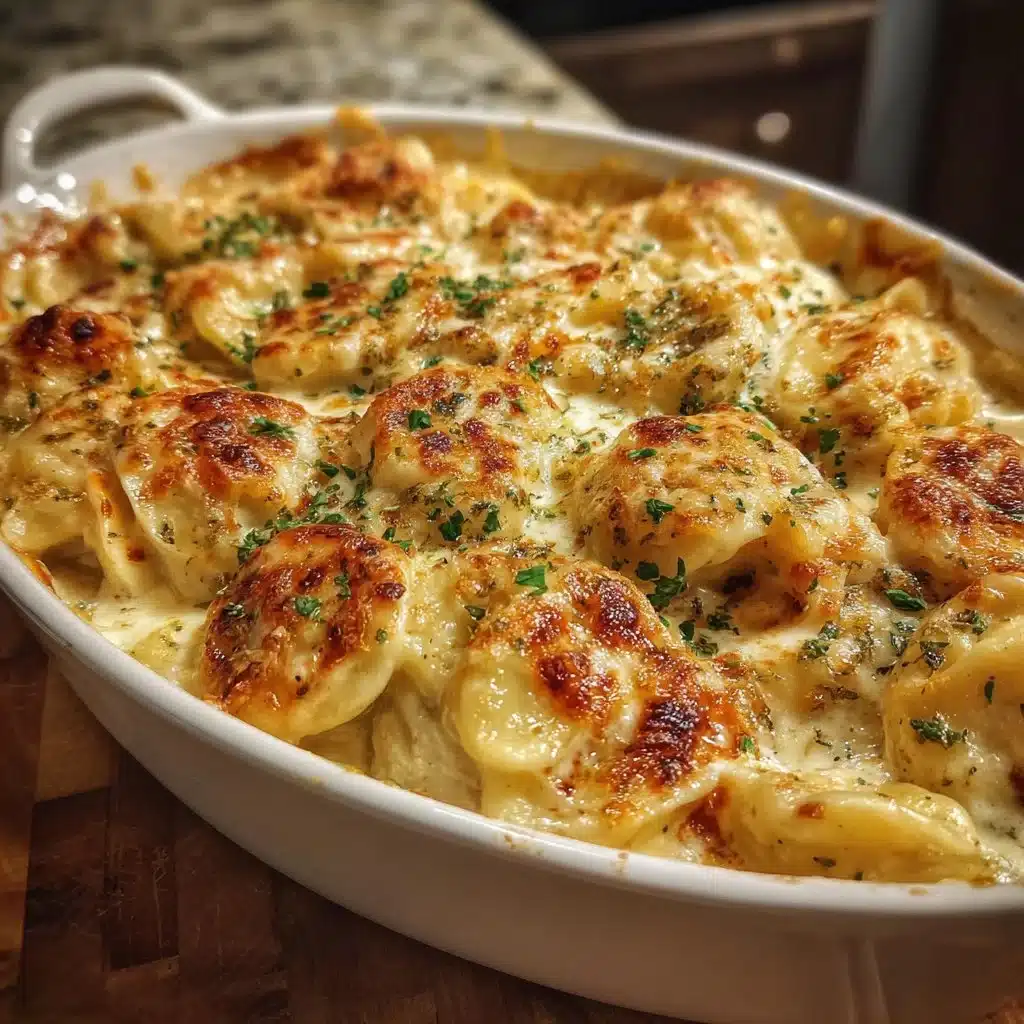 Lightened up pierogi casserole topped with crispy onions and cheese