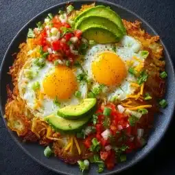 Delicious loaded hash browns topped with cheese, bacon, and green onions.
