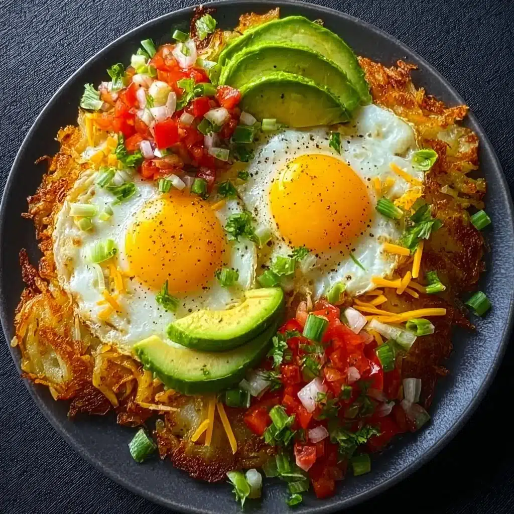 Delicious loaded hash browns topped with cheese, bacon, and green onions.