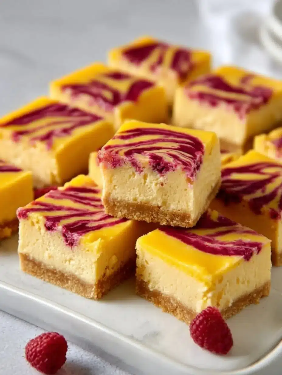 Delicious mango bars with vibrant raspberry swirl on top for a refreshing dessert