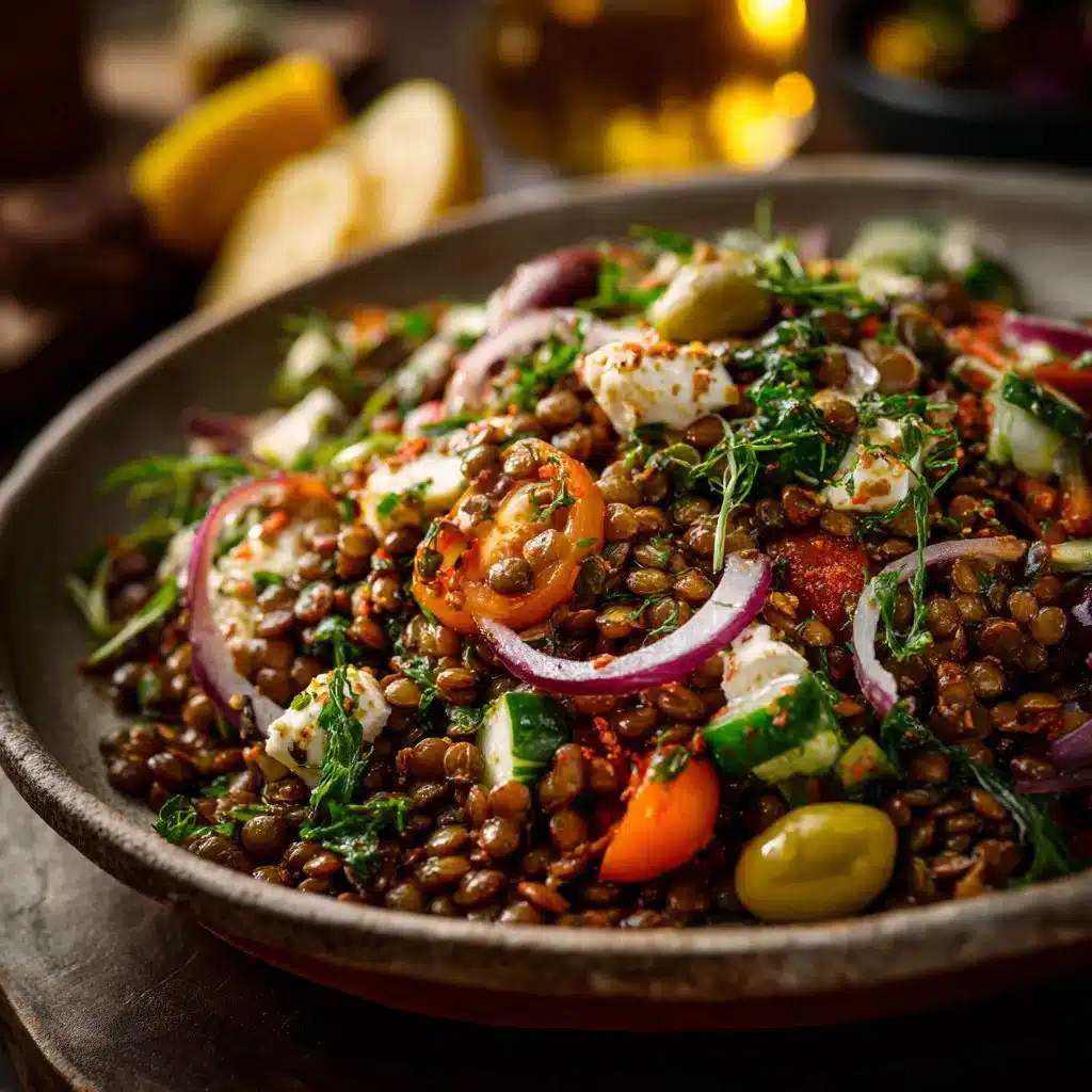 Colorful Mediterranean Lentil Salad with fresh vegetables and herbs