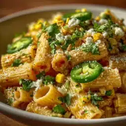 Bowl of Mexican street corn pasta salad with colorful ingredients and herbs