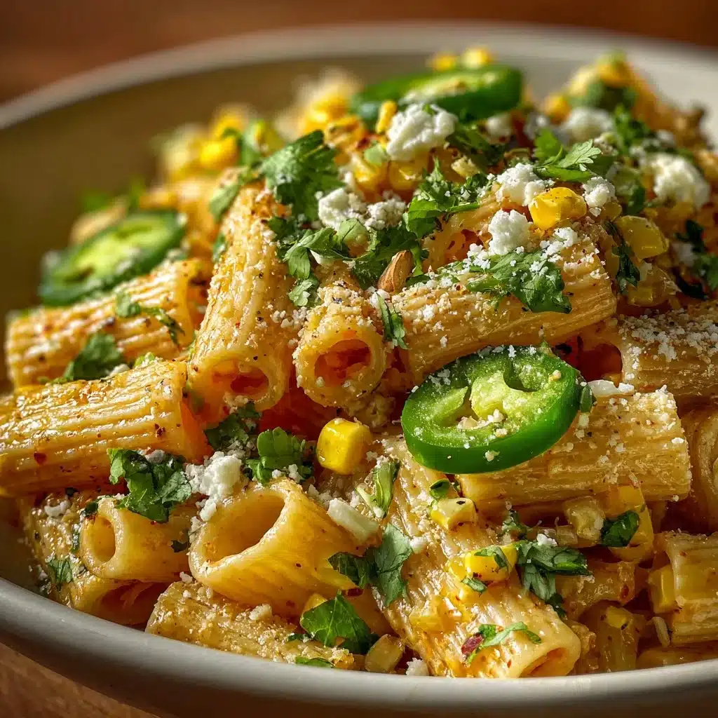 Bowl of Mexican street corn pasta salad with colorful ingredients and herbs