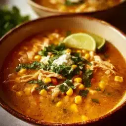 Bowl of Mexican Street Corn White Chicken Chili topped with fresh ingredients