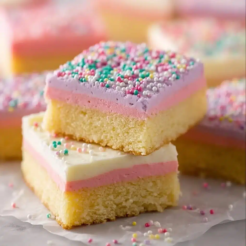 Delicious Neapolitan sugar cookie bars with layers of pink, brown, and white frosting.