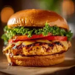 Oktoberfest Maple Mustard Chicken Burgers with fresh toppings on a wooden table