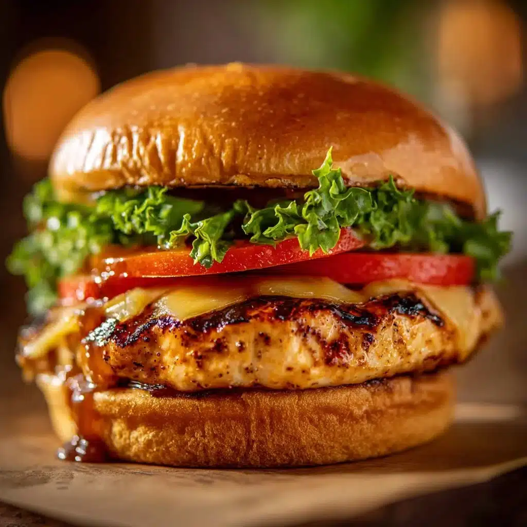 Oktoberfest Maple Mustard Chicken Burgers with fresh toppings on a wooden table