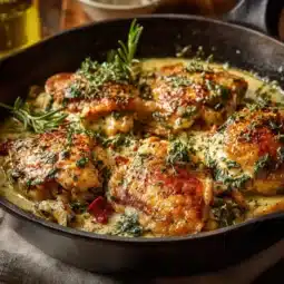 Delicious one-pan Boursin chicken served with vegetables and herbs