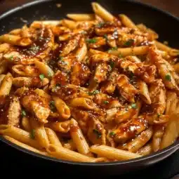 One-Pan Tangy Honey BBQ Chicken Penne dish served in a bowl