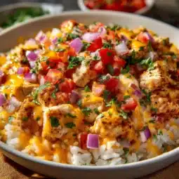 One-Pot Cheesy Southwest Chicken & Rice served in a bowl with fresh garnish.