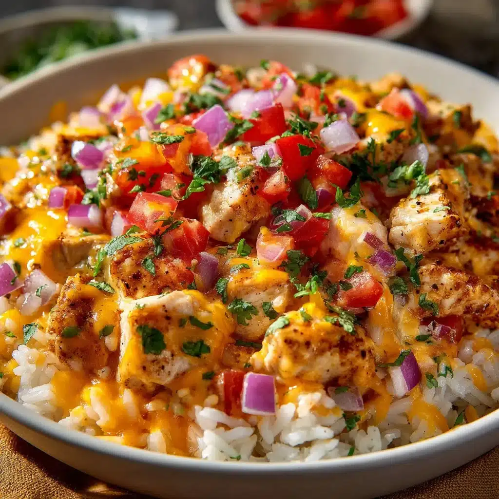 One-Pot Cheesy Southwest Chicken & Rice served in a bowl with fresh garnish.