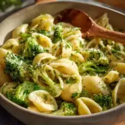 One Pot Healthy Broccoli Mac and Cheese dish with fresh broccoli