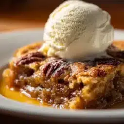Delicious pecan pie cobbler served on a plate, showcasing its rich texture.