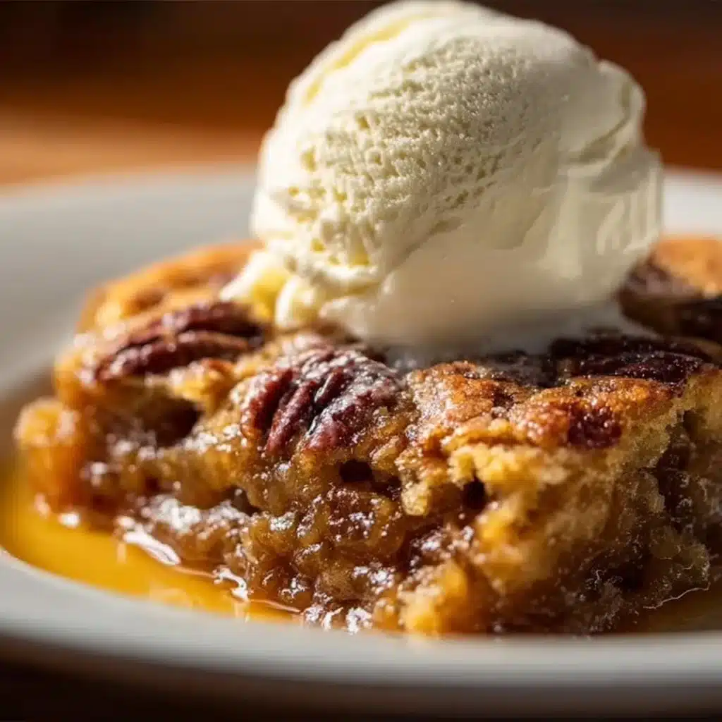 Delicious pecan pie cobbler served on a plate, showcasing its rich texture.