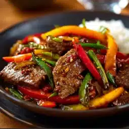 Plate of delicious pepper steak with vegetables and sauce