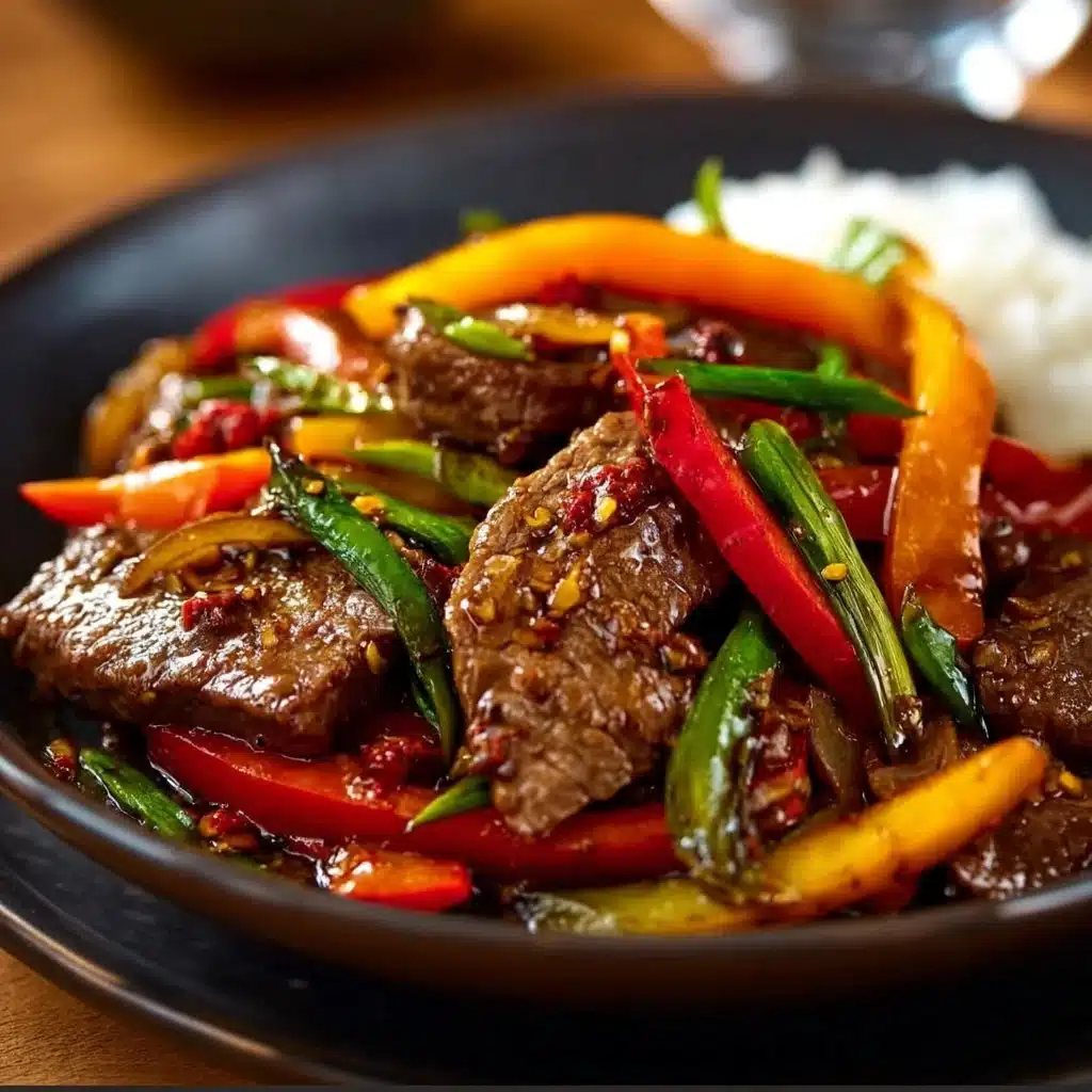 Plate of delicious pepper steak with vegetables and sauce