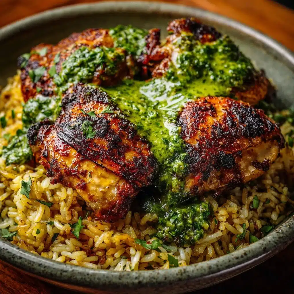 Delicious plate of Peruvian chicken and rice served with vibrant green sauce