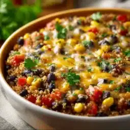 Delicious quinoa black bean casserole baked and ready to serve