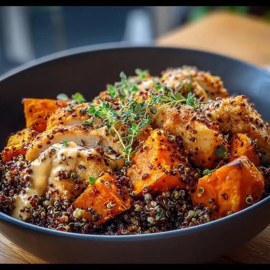 Roasted Sweet Potato Chicken and Quinoa Bowl with vibrant vegetables