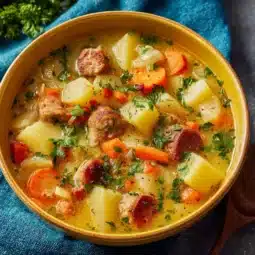 A hearty bowl of German Potato Soup with sausage, showcasing creamy potatoes and herbs.