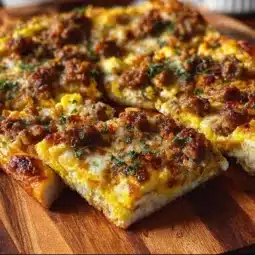 Sausage breakfast pizza topped with cheese and fresh ingredients