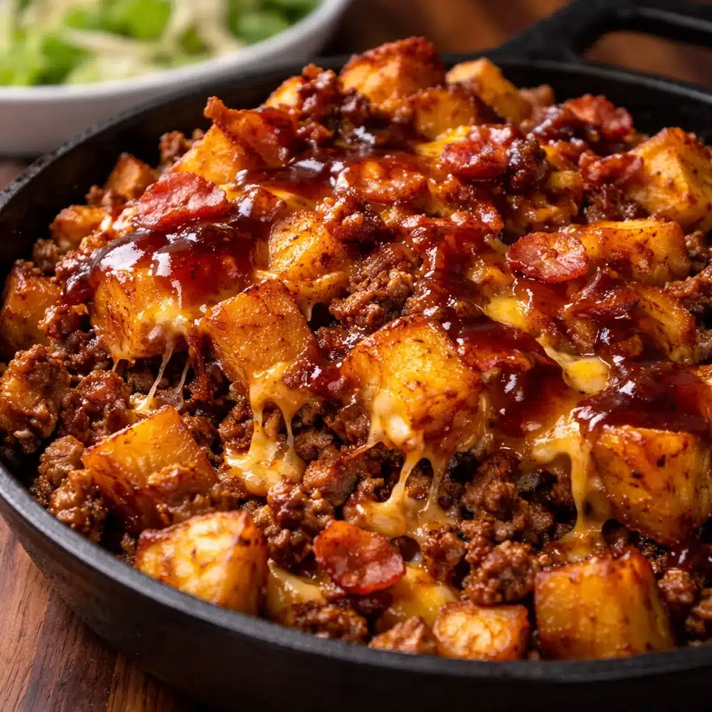 BBQ Cheese Burger Potato Skillet with ground beef, crispy potatoes, and melted cheese
