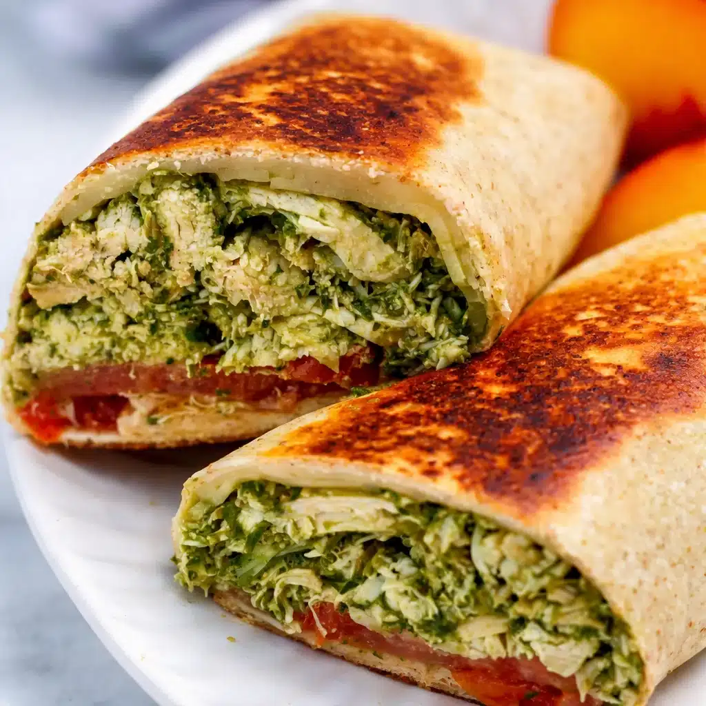 Healthy Chicken Pesto Protein Wrap with veggies and creamy pesto sauce
