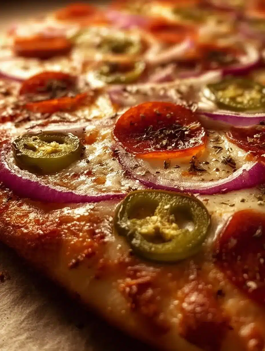 Savory pepperoncini and onion vegetarian pizza topped with fresh ingredients