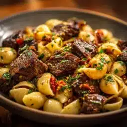 Savory steak bites served with shell pasta, a delicious and easy meal recipe.