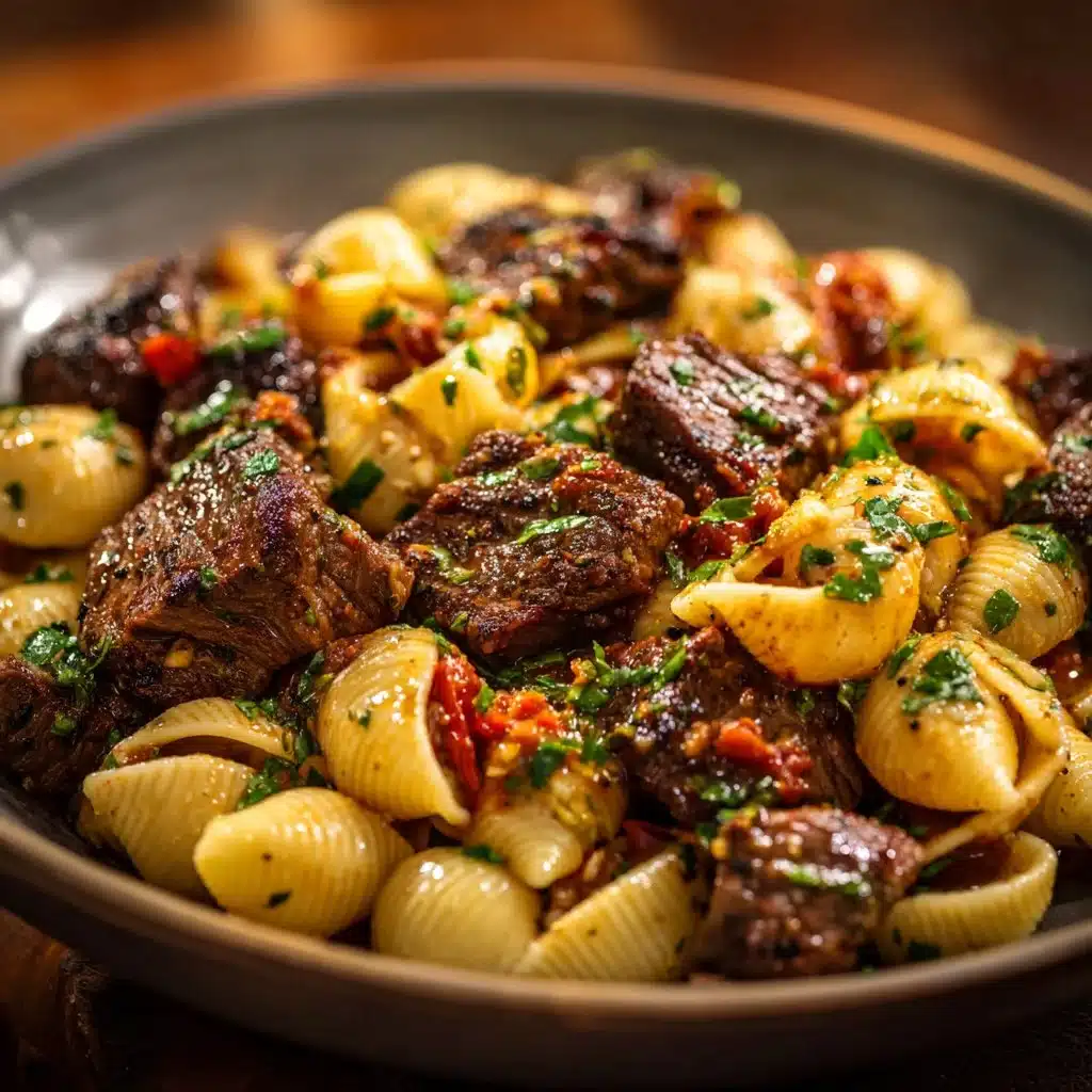 Savory steak bites served with shell pasta, a delicious and easy meal recipe.
