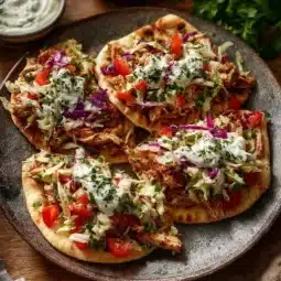 Sheet pan chicken pitas with fresh herb ranch slaw served on a plate