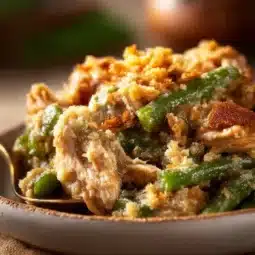 Plate of slow cooker chicken and stuffing garnished with herbs