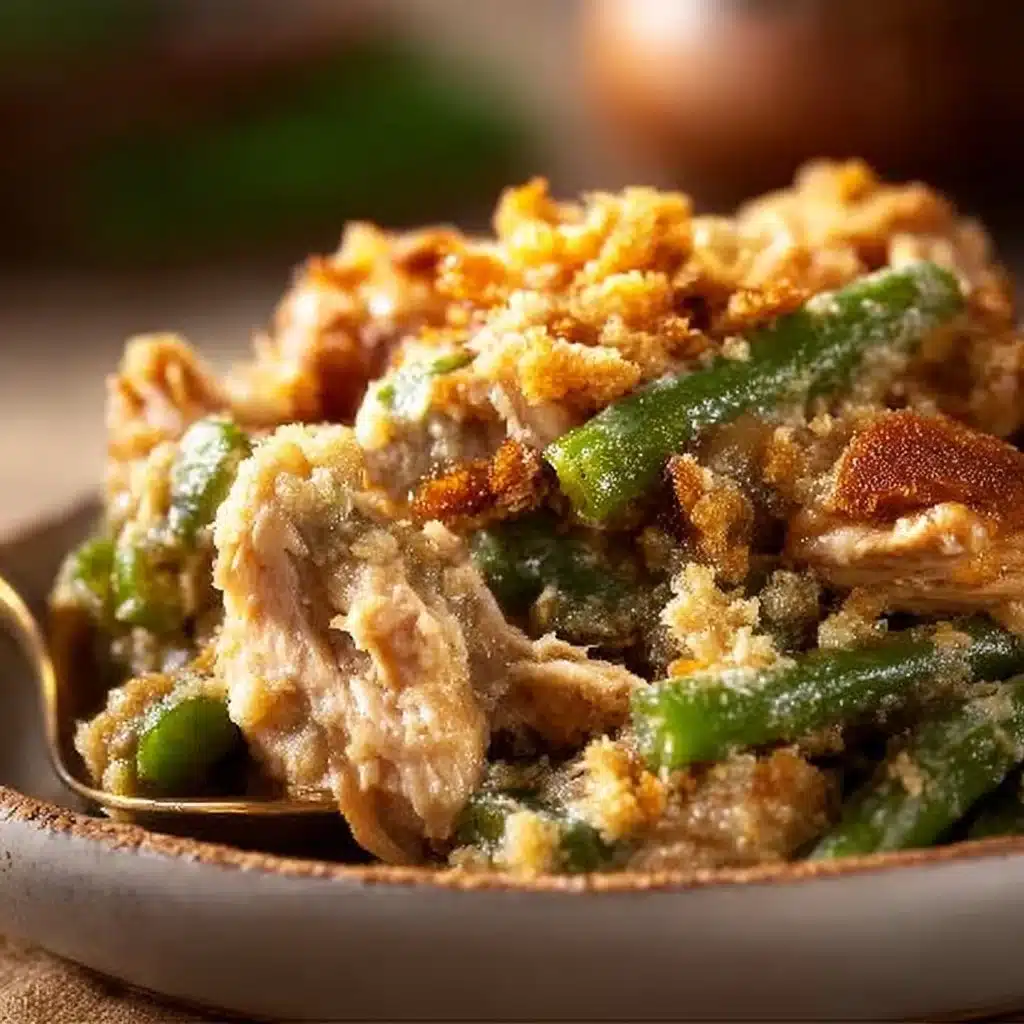 Plate of slow cooker chicken and stuffing garnished with herbs