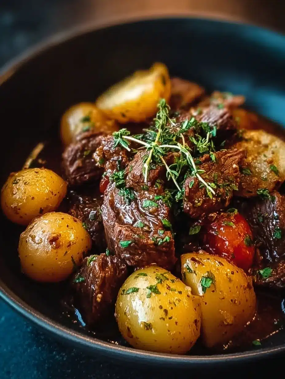 Slow cooker garlic butter beef served with tender potatoes