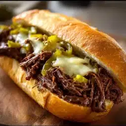 Delicious Slow Cooker Italian Beef Sandwiches served with pickles and peppers