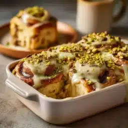 Delicious small batch pistachio cream cinnamon rolls fresh out of the oven.