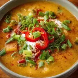 Bowl of spicy Cajun potato soup garnished with herbs and spices