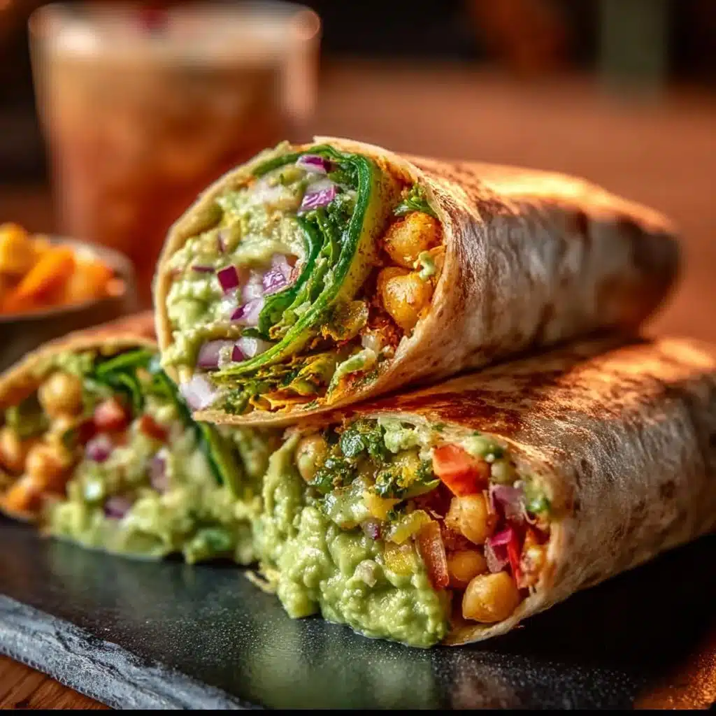 Spicy chickpea and avocado wraps on a plate, garnished and ready to serve