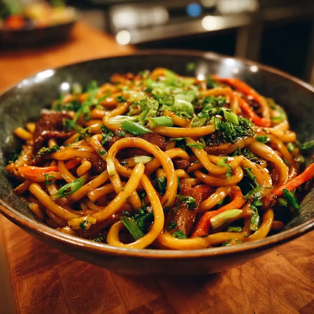 Spicy Udon Noodle Stir Fry with vibrant vegetables and crispy tofu