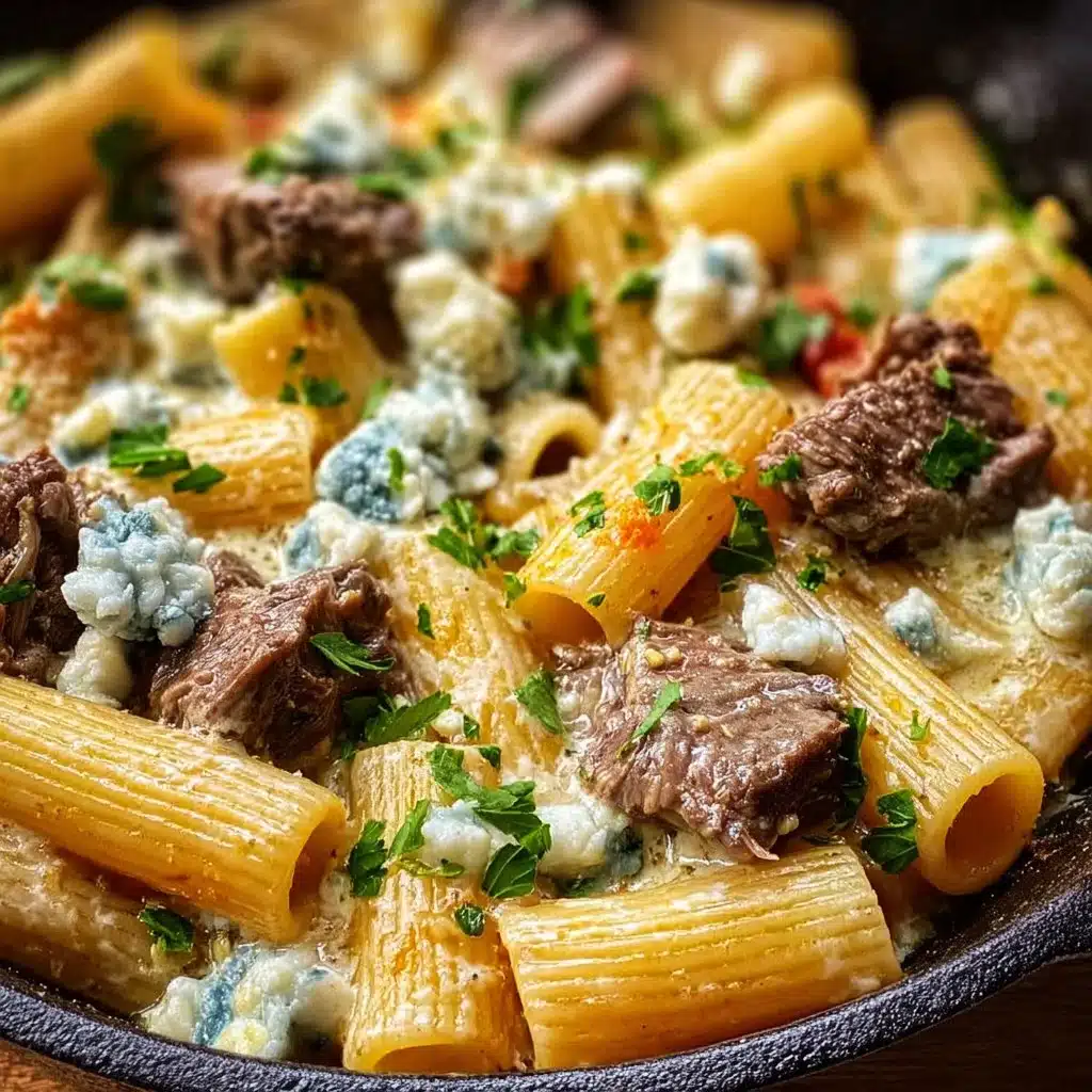 Baked Steak and Blue Cheese Rigatoni in a casserole dish