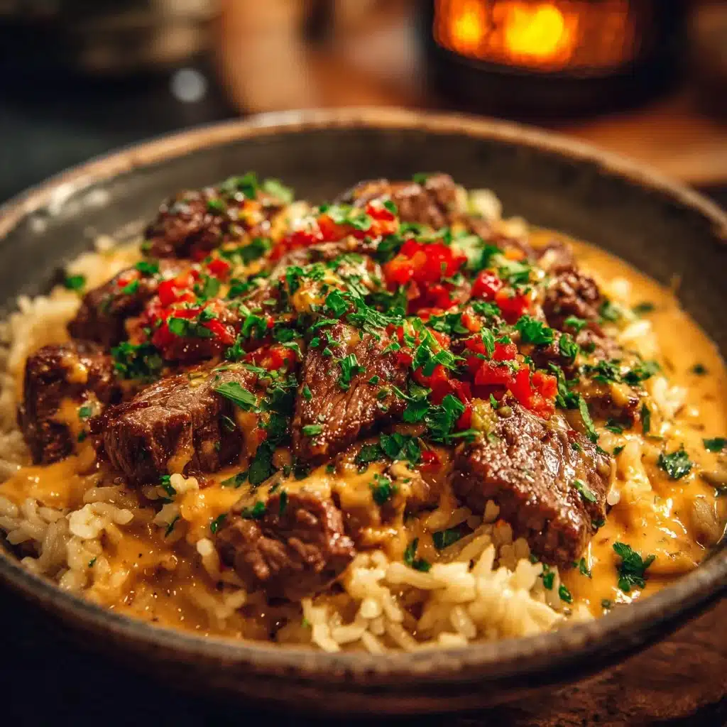 Delicious Steak Queso Rice with tender steak, creamy cheese, and seasoned rice.