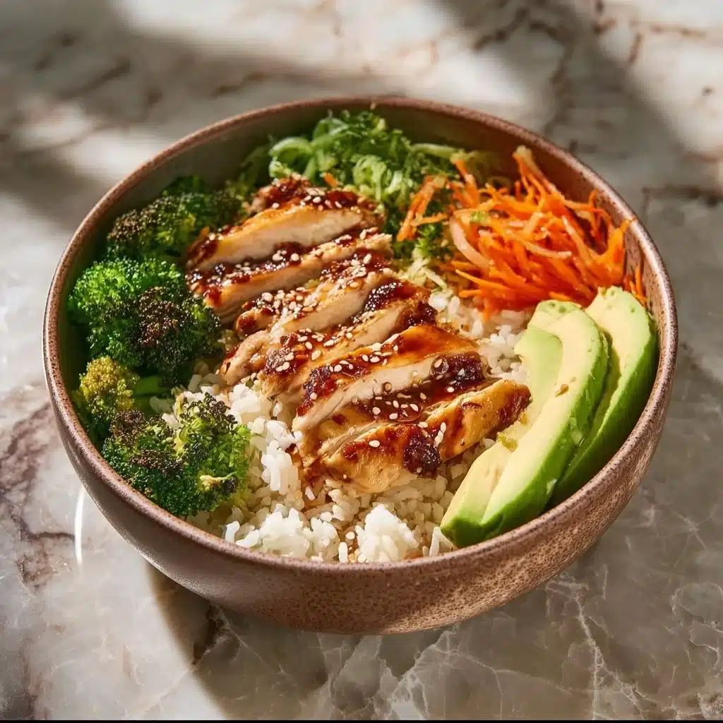 Delicious sticky chicken bowls topped with fresh vegetables and savory sauce.