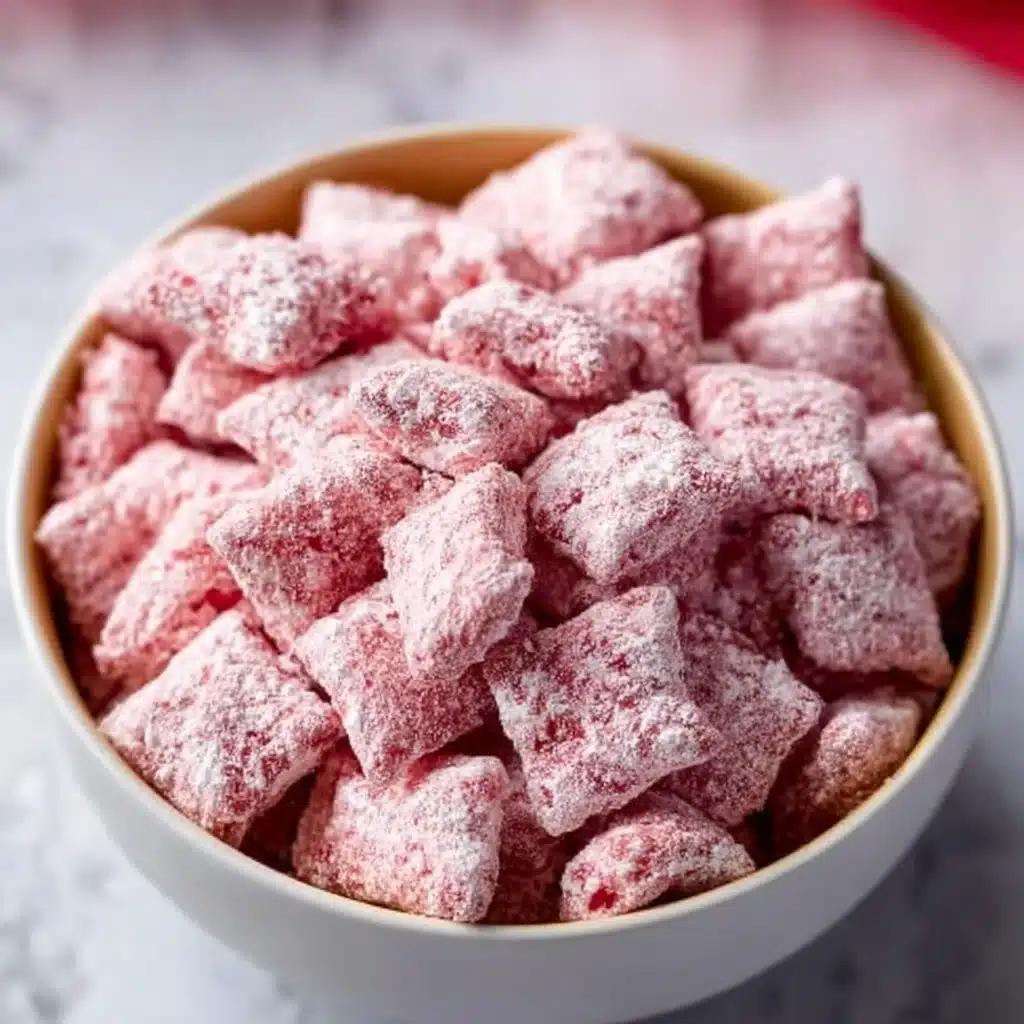 Strawberry Shortcake Puppy Chow dessert bowl filled with colorful treats