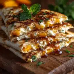 Delicious sweet and savory peach quesadillas on a plate