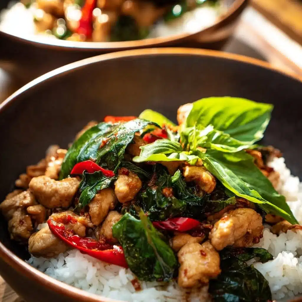 Delicious Thai Basil Chicken dish with vibrant basil and tender chicken pieces